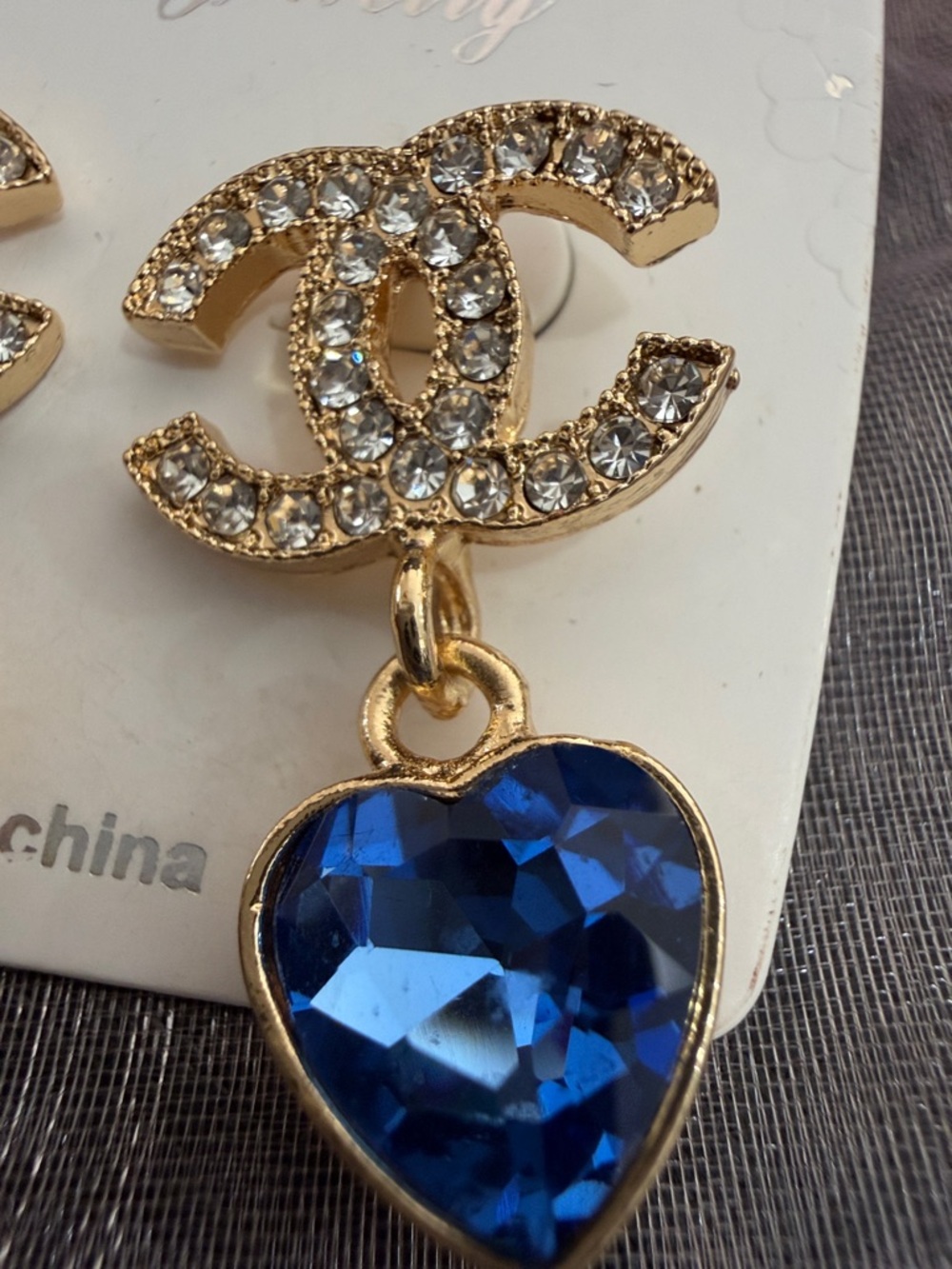 Gold Crystal Double-C Logo Earrings with Blue Heart Drops - Picture 2 of 3